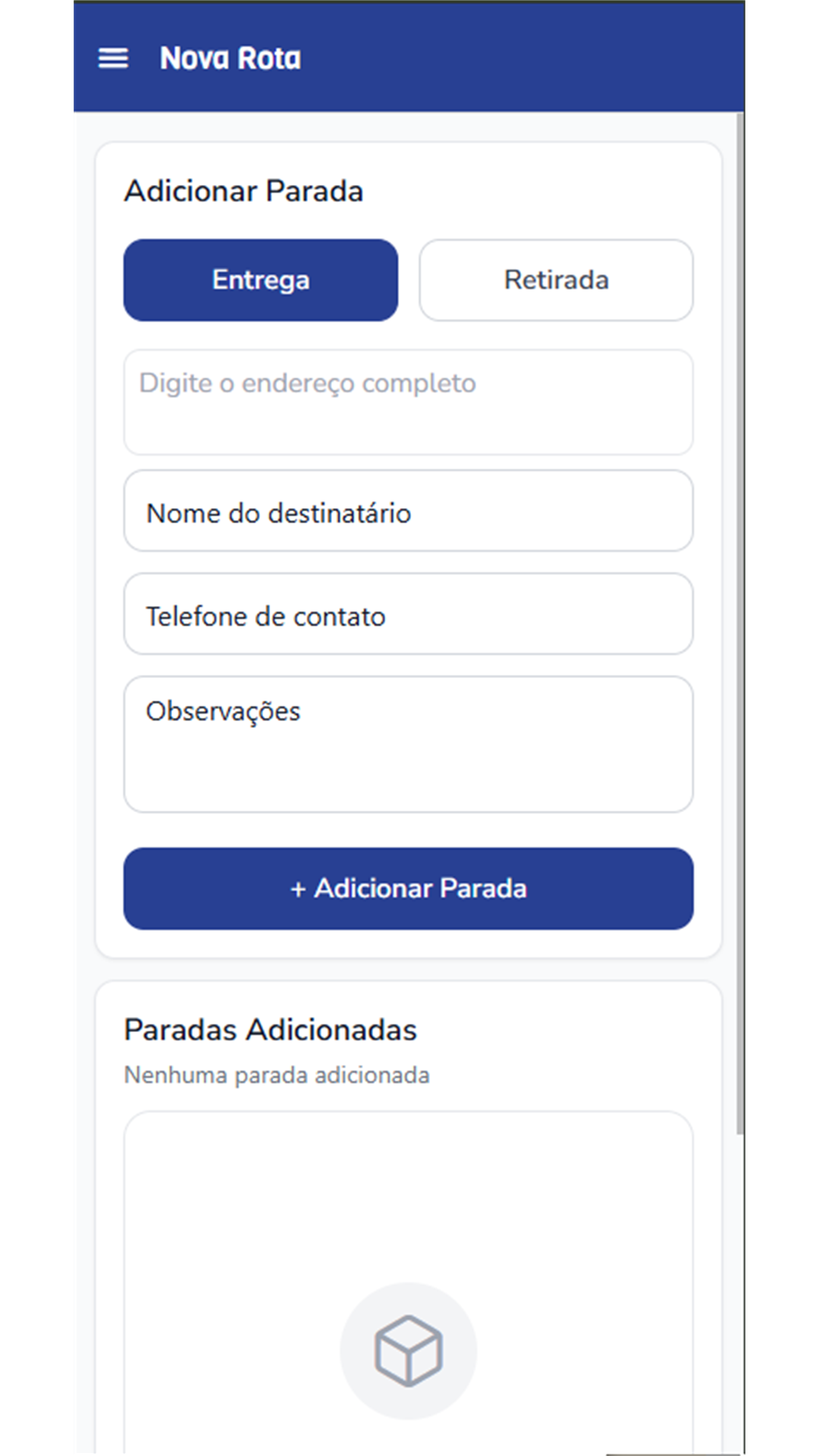 Tela para adicionar paradas em uma nova rota